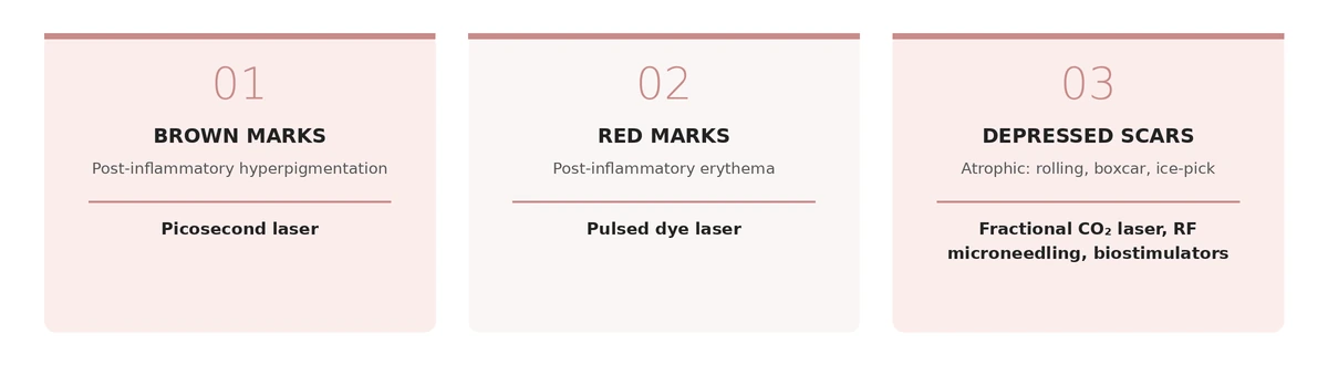 Types of acne scars and marks and the treatment used for each: brown marks, red marks and depressed atrophic scars