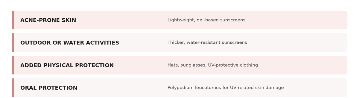 Choosing a sunscreen: lightweight gel-based formulas for acne-prone skin and thicker water-resistant formulas for outdoor or water activities