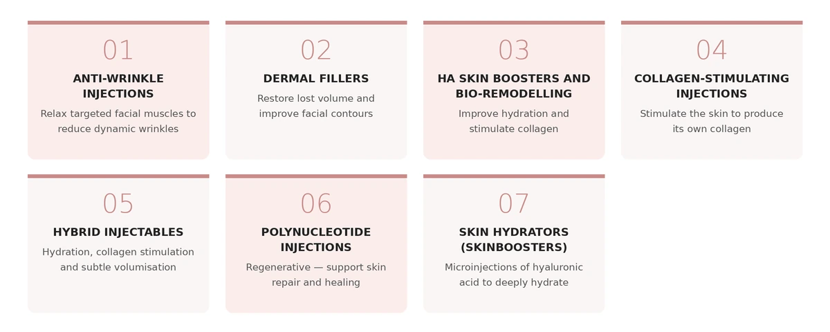 The types of injectable treatments offered, from anti-wrinkle injections and dermal fillers to skin boosters, biostimulators, hybrid injectables and polynucleotides